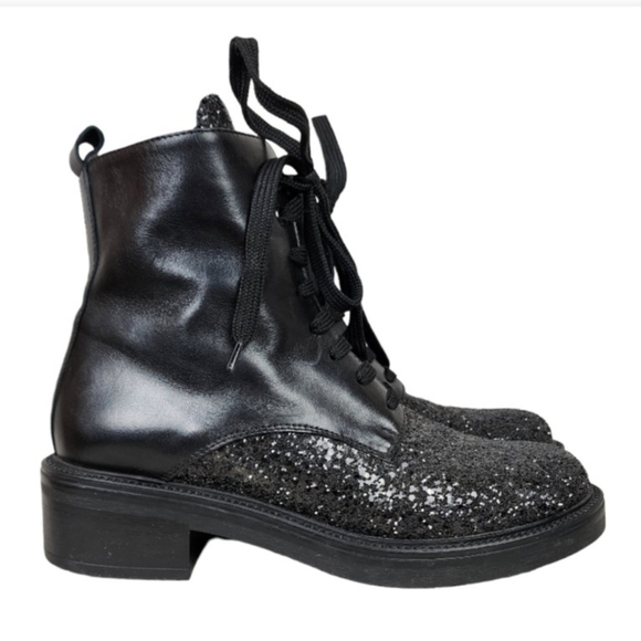 Tosca Blu Leather Combat  Boots Black Glitter Accents Size 39 Goth Punk - Picture 1 of 15